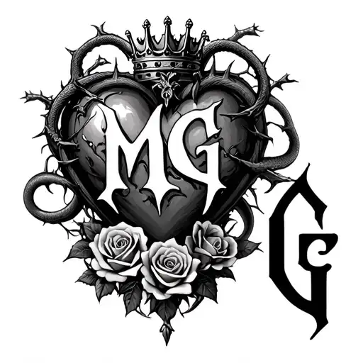 "M G" Gothic-style heart entangled with thorns, topped with a crown, four roses, and two angry snakes with Gothic-style letter tattoo design idea