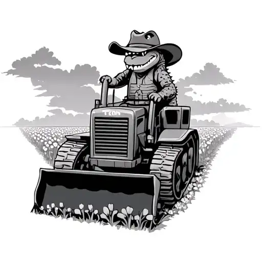 A cartoon alligator riding a bulldozer through a field of flowers wearing cowboy clothes. tattoo design idea