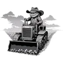 A cartoon alligator riding a bulldozer through a field of flowers wearing cowboy clothes. tattoo design idea
