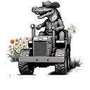 A cartoon alligator riding a bulldozer through a field of flowers wearing cowboy clothes. tattoo design idea