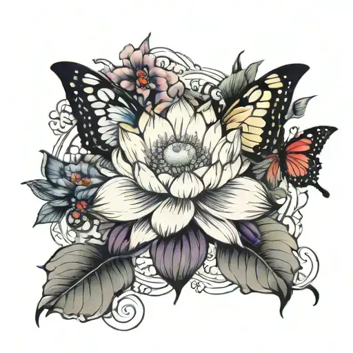 lotus flowers, butterflies and eyes tattoo design idea