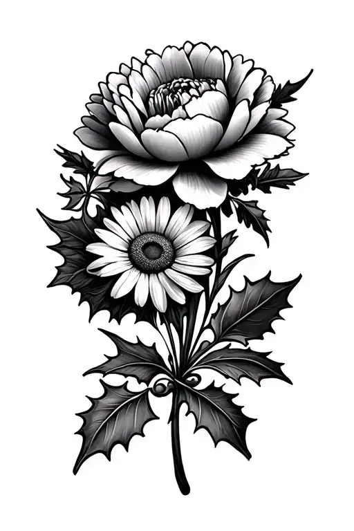 a peony a daisy a chrysanthemum and a holly branch tattoo design idea