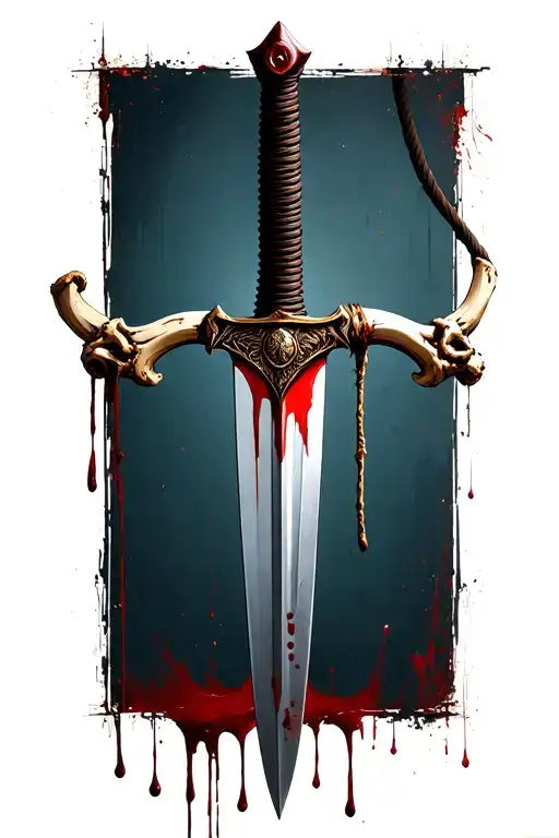 sword of damocles hanging by horse hair rope bone handle dripping blood tattoo design idea