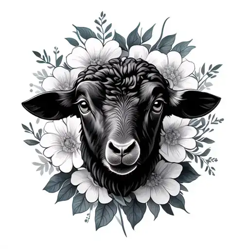black sheep head surrounded by flowers tattoo design idea