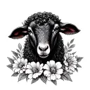 black sheep head surrounded by flowers tattoo design idea