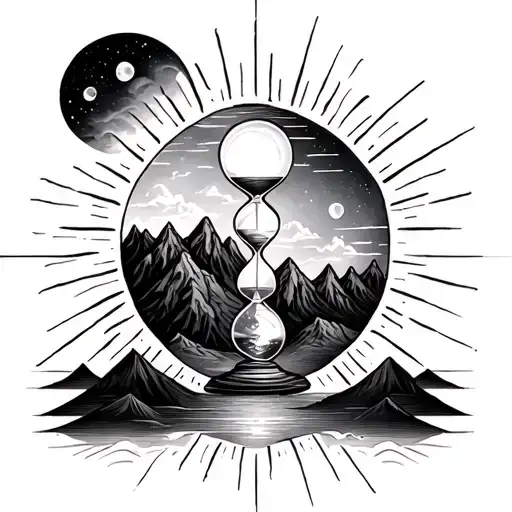 hourglass, sun, moon mountains tattoo design idea