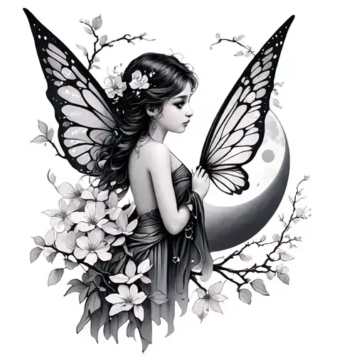 A fairy with wings, a moon, Japanese cherry blossom tattoo design idea