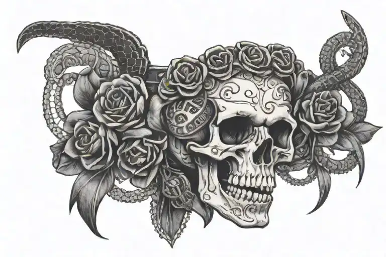 a lacey garter belt wrapped by a snake and thebgaterbeltnis adorned by a skull and a gun tattoo design idea