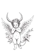 Baby Angel with horns and tail of a demon in flowers tattoo design idea