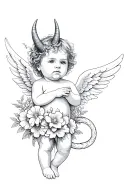 Baby Angel with horns and tail of a demon in flowers tattoo design idea