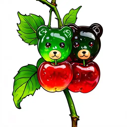 2 gummy bears on cherry stalk tattoo design idea
