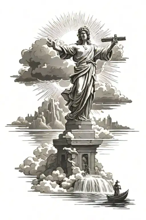 A sun with light beams shining down on the rio statue and clouds around it with a cross and make it long   tattoo design idea