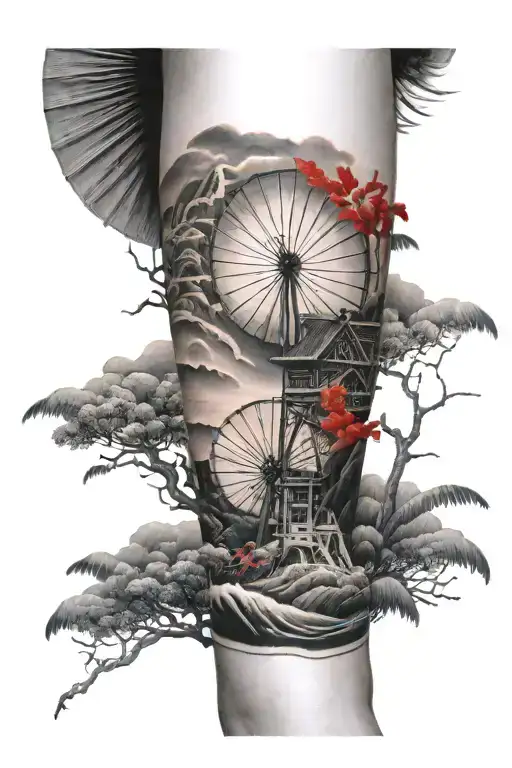  Black and white with one large Vietnamese fan on the side of the calf in red ink, landscape in the background tattoo design idea