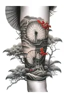  Black and white with one large Vietnamese fan on the side of the calf in red ink, landscape in the background tattoo design idea