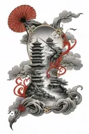  Black and white with one large Vietnamese fan on the side of the calf in red ink, landscape in the background tattoo design idea