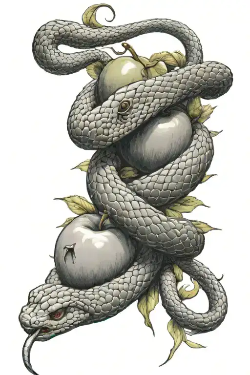 long, vicious, snake wrapped around an apple, vines with thorns in the background. the head of the snake is extended up tattoo design idea