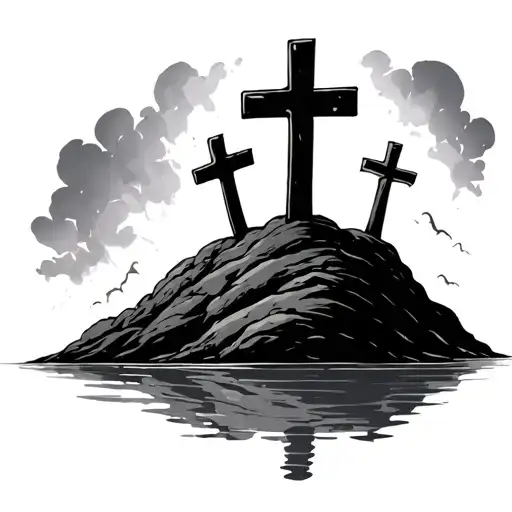 3 Crosses On A Hill with water  tattoo design idea