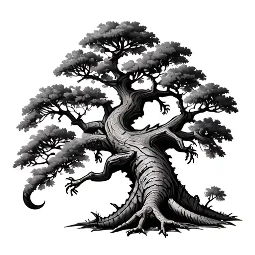 oak tree with lizard climbing trunk. heraldic design.  tattoo design idea