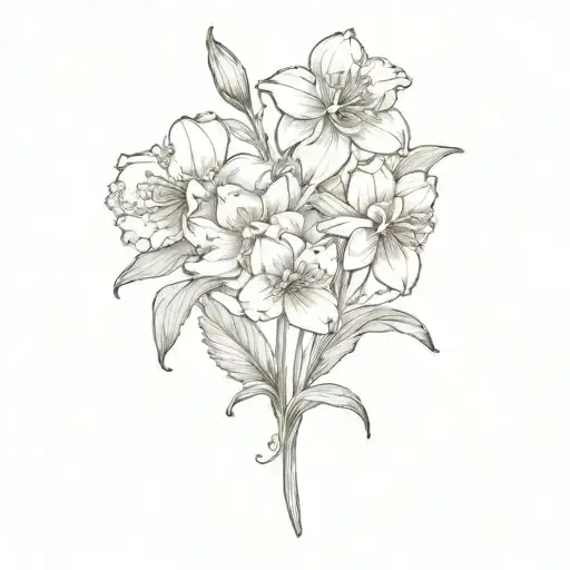 chrysanthemum, daffodil, iris, carnation, marigold bouqet tattoo design idea