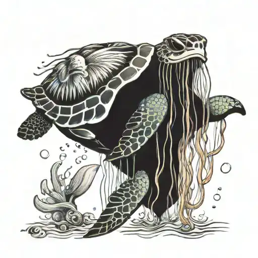 sea turtle biting a jellyfish tattoo design idea