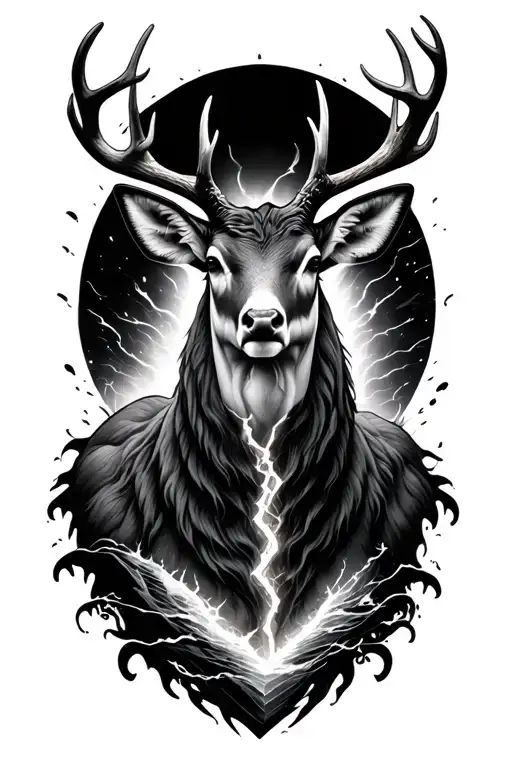 realistic humanoid stag front-facing, glowing chest crack, duality, hope and melancholy, fine line sea in chest tattoo design idea