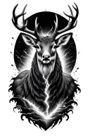 realistic humanoid stag front-facing, glowing chest crack, duality, hope and melancholy, fine line sea in chest tattoo design idea