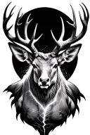 realistic humanoid stag front-facing, glowing chest crack, duality, hope and melancholy, fine line sea in chest tattoo design idea