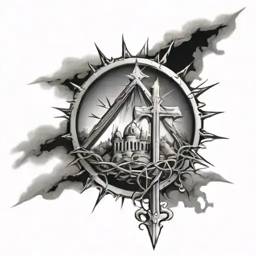 Calvary hill with rays coming out or crosses with the crown of thorns and three nails below tattoo design idea