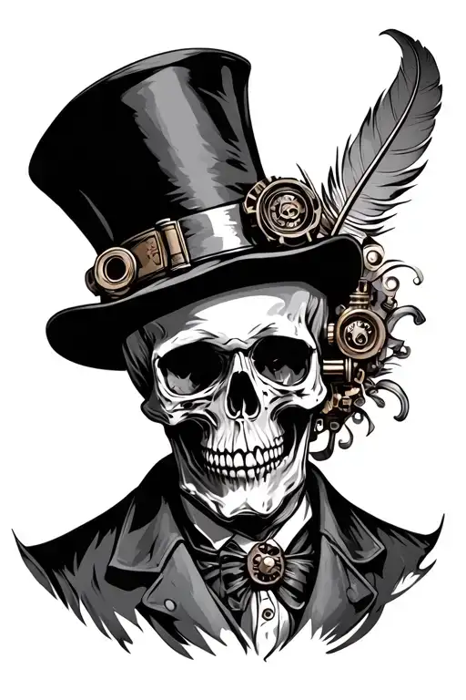Steampunk skull wearing Top hat with feather tattoo design idea