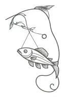 a hook with a fish hanging from it with a simple feather tattoo design idea