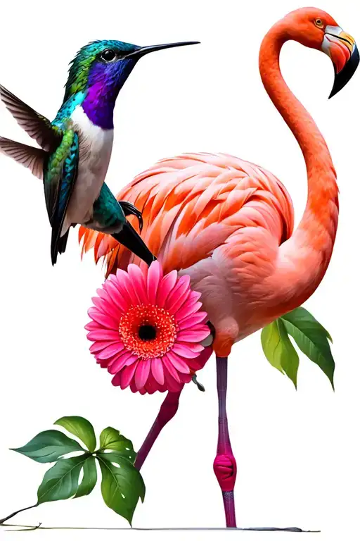 Flamingo with a bunch of bright pink gerbras as the body of the flamingo with a teal and purple hummingbird eatingFrom  tattoo design idea