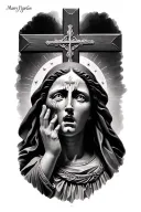 virgin marry looking up, holding a cross, crying out of one eye  tattoo design idea