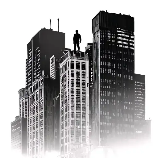 Man standing on top of skyscraper in downtown Detroit tattoo design idea