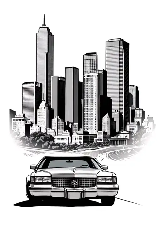 Salt Lake City skyline with cadillac deville in front view tattoo design idea