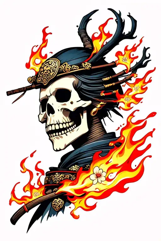 skeleton samurai face with flames coming out it's eyes and mouth and burning cherry blossoms tattoo design idea
