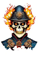 skeleton samurai face with flames coming out it's eyes and mouth and burning cherry blossoms tattoo design idea