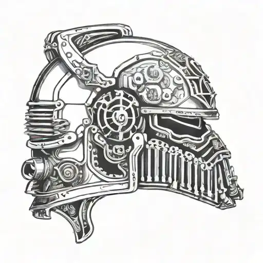 Space Marine helmet with intricate blackwork details tattoo design idea