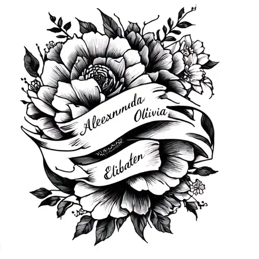 tattoo on the arm with names, Alexandra, Olivia, Elizabeth, and across tattoo design idea