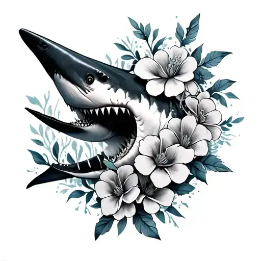 shark with flowers tattoo design idea
