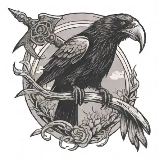 raven holding scythe saying lurker of  chalice, wintery background ashes and simplistic.  tattoo design idea