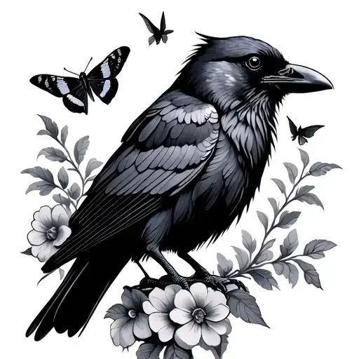crow with flowers and gypsy moths flying tattoo design idea