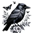 crow with flowers and gypsy moths flying tattoo design idea