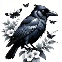 crow with flowers and gypsy moths flying tattoo design idea