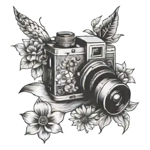 camera, wild flowers, fish, paw print, tattoo design idea