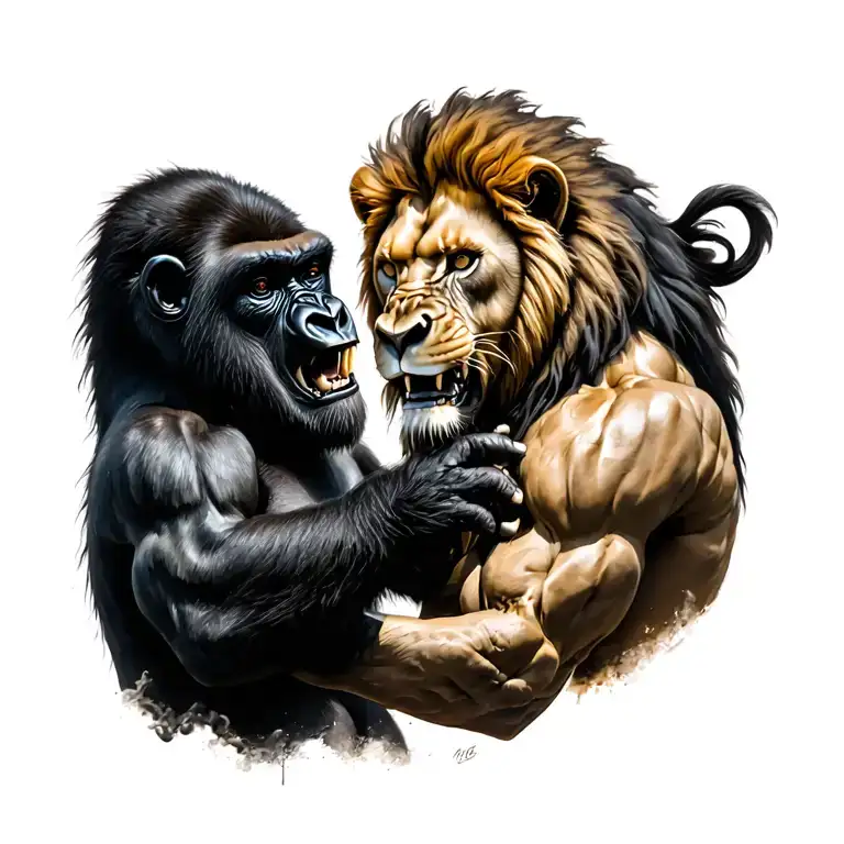 lion and gorilla fighting black and grey realism tattoo design idea
