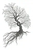 upside down willow tree  with roots interwined tattoo design idea