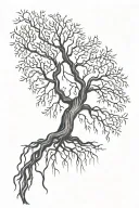 upside down willow tree  with roots interwined tattoo design idea