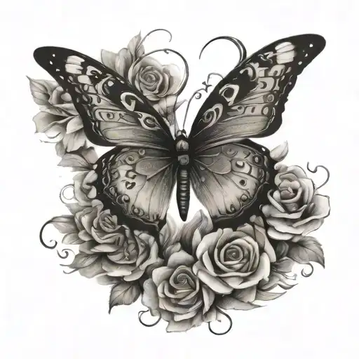 butterfly, with writing, flowers and tiger eyes looking tattoo design idea