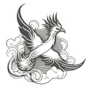 Phoenix bird representing rebirth, a new future with clouds surrounding tattoo design idea