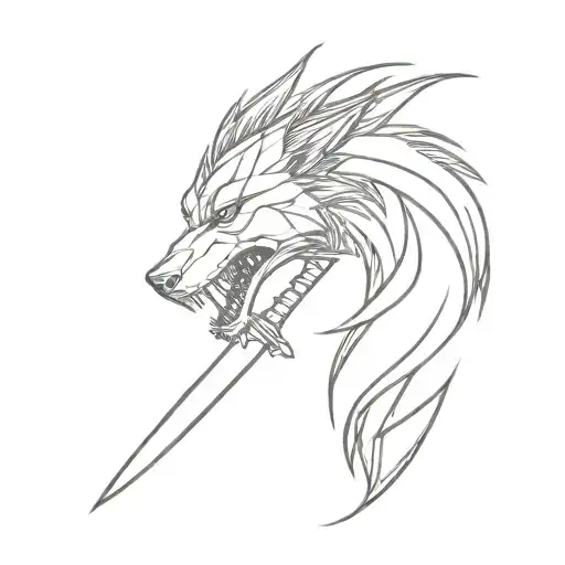 line art dagger, line art dragon, line art wolf tattoo design idea